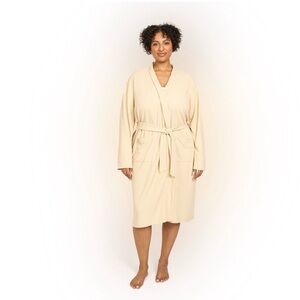 Brand New Luxurious Line & Dot Waffle Knit Cream Robe w/ Belt, Super Soft L/XL